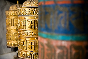 Buddhist prayer wheels, Namche Gompa (Monastery), Namche Bazaar, Solu Khumbu Region, Nepal, Asia