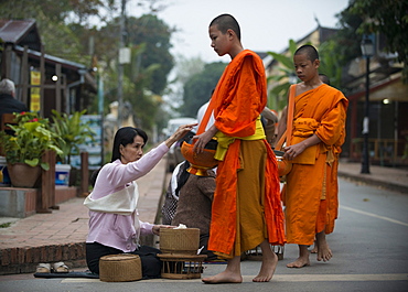 Buddhist Monks during Alms giving ceremony (Tak Bat), Luang Prabang, Laos, Indochina, Southeast Asia, Asia