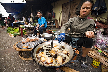 Deep fried snack stall, Morning Market, Luang Prabang, Laos, Indochina, Southeast Asia, Asia