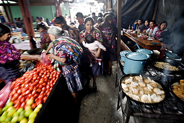 Food stalls in market, Chichicastenango, Western Highlands, Guatemala, Central America