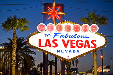 Las Vegas Sign at night, Nevada, United States of America, North America