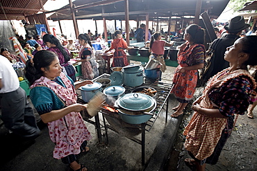 Food stalls in market, Chichicastenango, Western Highlands, Guatemala, Central America