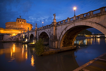 Pont Sant' Angelo and Castel Sant' Angelo at dusk, Rome, Lazio, Italy, Europe