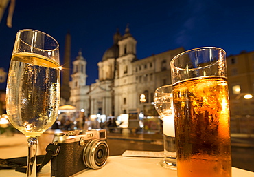 Cocktails on a restaurant table, Piazza Navona, Rome, Lazio, Italy, Europe