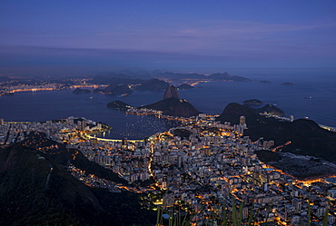 View from Cristo Redentor over Rio de Janeiro at night, Corcovado, Rio de Janeiro, Brazil, South America