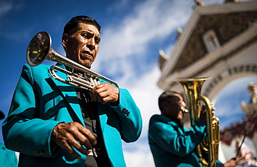 Musicians, Fiesta de la Virgen de la Candelaria, Copacabana, Lake Titicaca, Bolivia, South America
