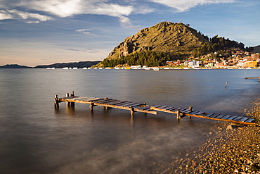 Jetty on Cobacabana Beach at dusk, Copacabana, Lake Titicaca, Bolivia, South America