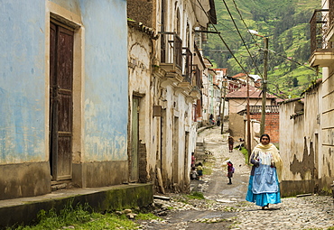 Traditional cobbled street in Sorata, Cordillera Real, Bolivia, South America