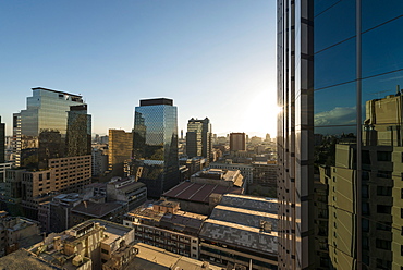 Aerial view of central Santiago City at sunset, Santiago, Chile, South America