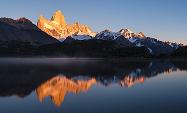 Sunrise over the Fitz Roy Mountain Range, Laguna Capri, Los Glaciares National Park, UNESCO World Heritage Site, Santa Cruz Province, Argentina, South America