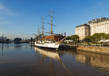 View from the Puente de la Mujer (Bridge of the Woman) of the Museo Fragata Sarmiento and river, Puerto Madero, Buenos Aires, Argentina, South America