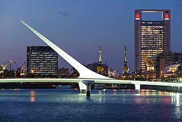 Puente de la Mujer (Bridge of the Woman) at dusk, Puerto Madero, Buenos Aires, Argentina, South America