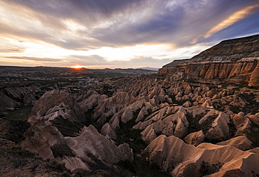 View from Aktepe Hill at sunset over Red Valley, Goreme National Park, UNESCO World Heritage Site, Cappadocia, Anatolia, Turkey, Asia Minor, Eurasia