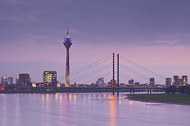 The Dusseldorf skyline at dusk, Dusseldorf, North Rhine-Westphalia, Germany, Europe