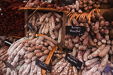 Sausages and saucisson on sale at market in Tours, Indre-et-Loire, Centre, France, Europe