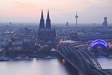 The city of Cologne and River Rhine at dusk, North Rhine-Westphalia, Germany, Europe 