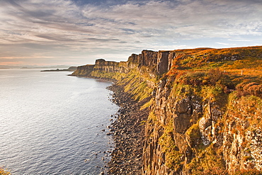 Basaltic cliffs facing onto Raasay Sound, east coast of Skye, Trotternish, Isle of Skye, Inner Hebrides, Scotland, United Kingdom, Europe