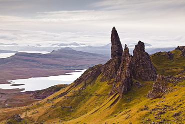 The Old Man of Storr, overlooking Loch Leathan and Raasay Sound, Trotternish, Isle of Skye, Inner Hebrides, Scotland, United Kingdom, Europe