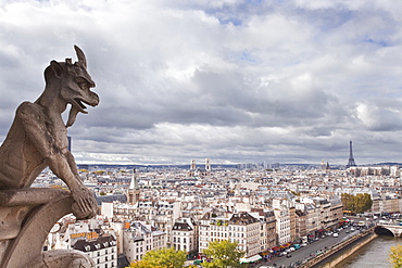 A gargoyle on Notre Dame de Paris cathedral keeping a watchful eye over the city below, Paris, France, Europe