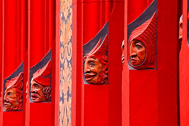 Detail of wooden carvings on the Rathaus (Town Hall) that dominates the Marktplatz in Basel, Switzerland, Europe 