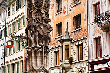 Ornate architecture including painted buildings in the city of Lucerne, Switzerland, Europe