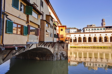 Ponte Vecchio is an old medieval bridge in the historic centre of Florence spanning the River Arno, Florence, Tuscany, Italy, Europe 