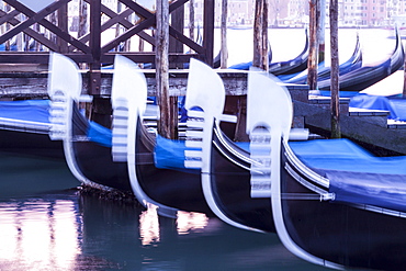 Gondolas bobbing on the waterfront, Venice, UNESCO World Heritage Site, Veneto, Italy, Europe 