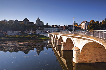 Looking across the River Creuse in the town of Le Blanc, Indre, Loire Valley, France, Europe