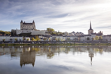 Looking across the River Loire towards the town of Saumur and its castle, Maine-et-Loire, France, Europe