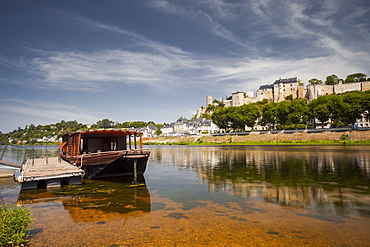 Looking across the River Vienne towards the town and castle of Chinon, Indre et Loire, France, Europe