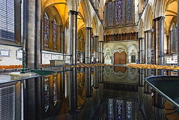 Looking towards the doorway of the west front of Salisbury Cathedral, Salisbury, Wiltshire, England, United Kingdom, Europe