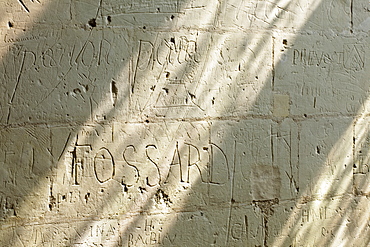 Anicent grafitti etched into the stone walls of the Chateau de Chambord, UNESCO World Heritage Site, Loir-et-Cher, Centre, France, Europe