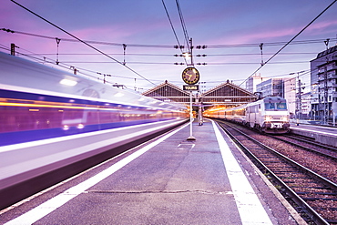 A TGV high speed train leaves the train station in Tours, Indre et Loire, Centre, France, Europe