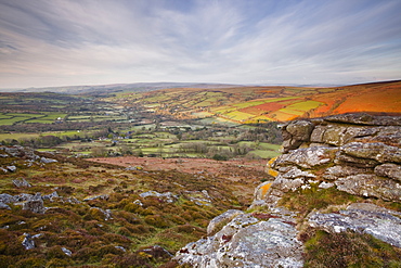 Looking down to Widecombe-in-the-Moor from Chinkwell Tor in Dartmoor National Park, Devon, England, United Kingdom, Europe