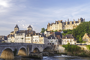 The village of Saint Aignan reflecting in the River Cher, Loir et Cher, Centre, France, Europe