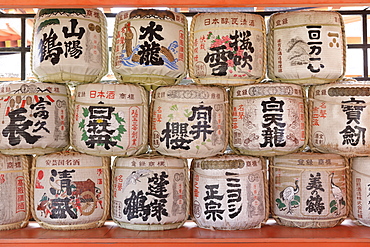 Sake barrels, Itsukushima Shrine, Miyajima, Hiroshima Prefecture, Japan, Asia