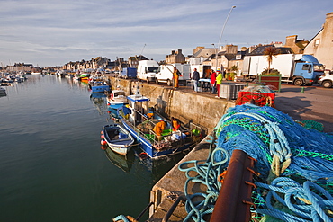 Looking down the harbour at Saint Vaast La Hougue, Cotentin Peninsula, Normandy, France, Europe