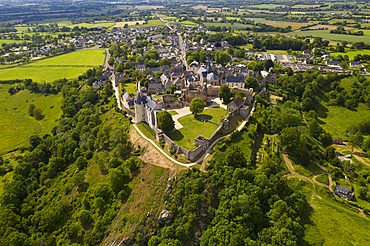 Drone view of the hilltop village of Saint-Suzanne in the Mayenne area, France, Europe