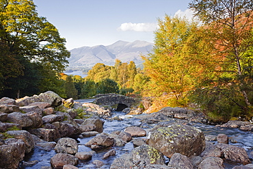 Ashness Bridge with the Skiddaw range near to Keswick, Lake District National Park, Cumbria, England, United Kingdom, Europe