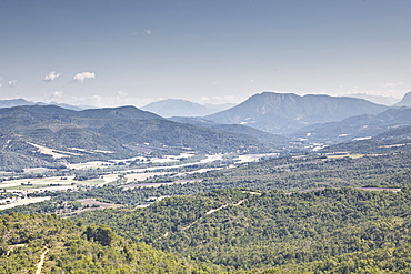 Provencal countryside from the Plateau de Valensole, with the first stages of the Alps in the background, Alpes-de-Haute-Provence, Provence, France, Europe 