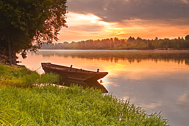 A traditional wooden boat on the River Loire, Indre-et-Loire, France, Europe