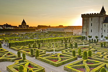 The Chateau de Villandry and its gardens at sunset, UNESCO World Heritage Site, Indre-et-Loire, Loire Valley, France, Europe