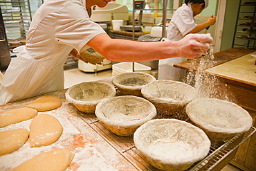 A baker prepares dough ready to be made into bread, Tours, Indre-et-Loire, France, Europe