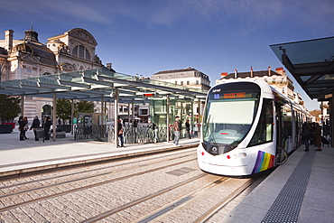 A tram pulls into the station at Place du Ralliement, Angers, Maine-et-Loire, France, Europe