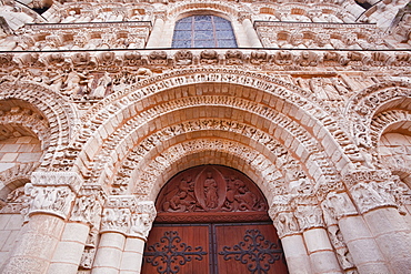 The tympanum on Eglise Notre Dame la Grande in central Poitiers, Vienne, Poitou-Charentes, France, Europe 