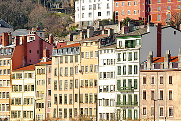 Typical colourful building facades facing onto the River Saone in Lyon, Rhone-Alpes, France, Europe 