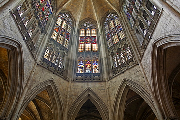 The beautiful stained glass above the choir in the Abbaye de la Trinite, Vendome, Loir-et-Cher, Centre, France, Europe 