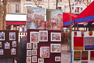 Paintings on sale at the famous Place du Tertre in Montmartre, Paris, France, Europe