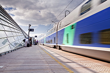 A TGV pulls into the train station of Avignon TGV, Vaucluse, France, Europe