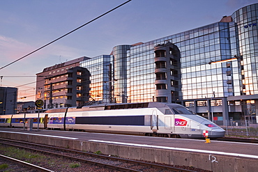 A high speed TGV train waiting in the Gare de Tours, Tours, Indre-et-Loire, France, Europe